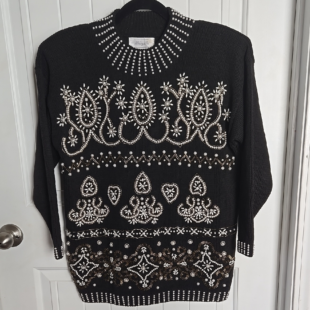 Vintage Black Pearl Sweater Embellished GrandmaCore Baroque 80s Cottagecore‎